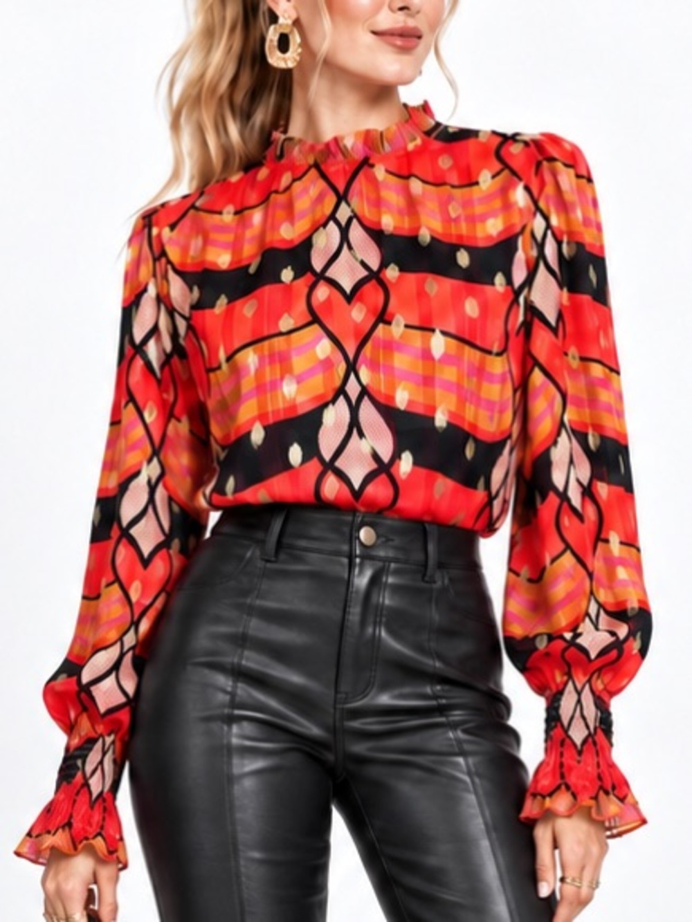 Joie Abstract Print Metallic Dot Blouse Red Gold High Neck Sheer Top Small